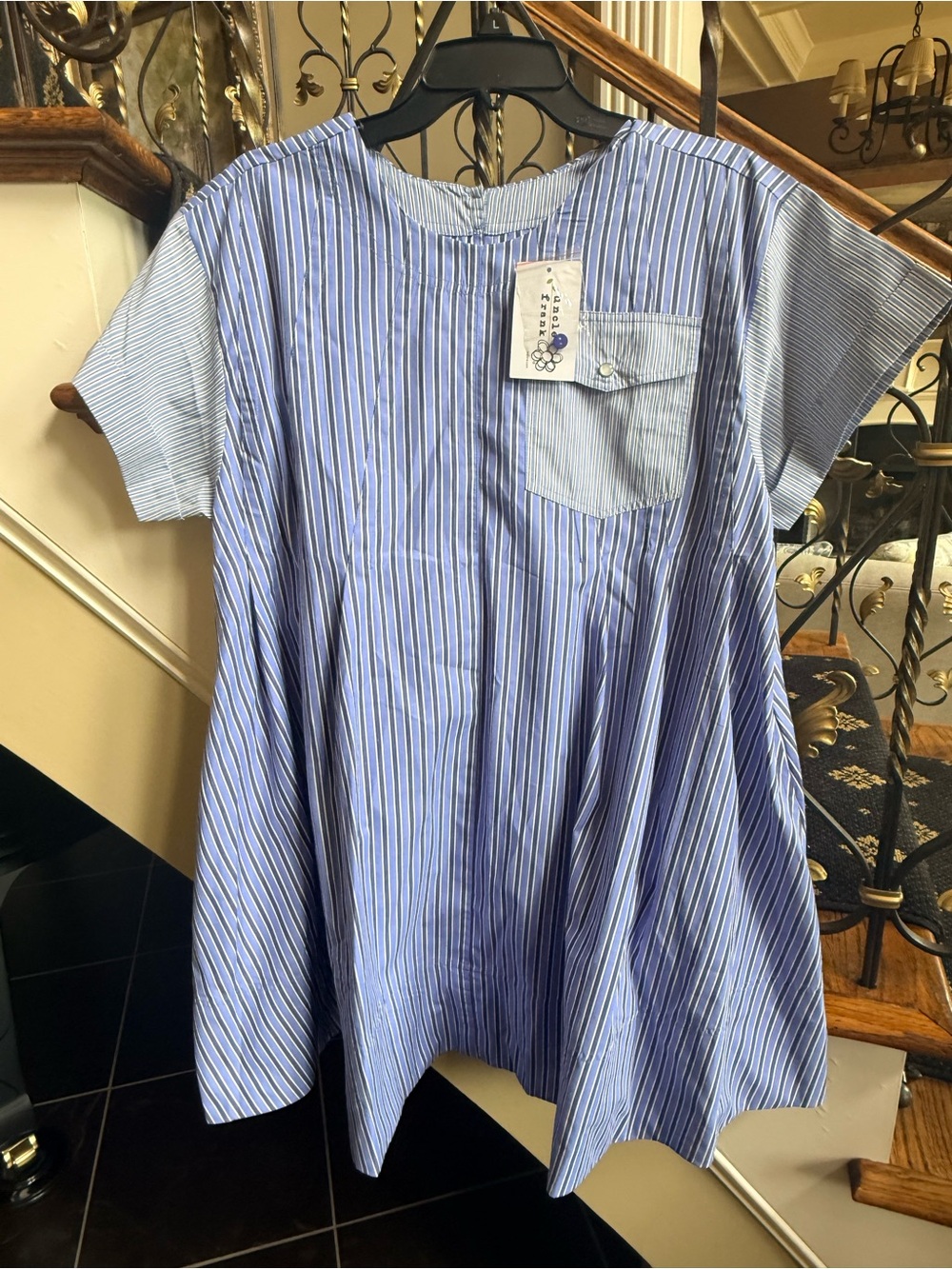 Uncle Frank NWT Tucked Swing Dress. Blue/white striped. Cotton Small pockets